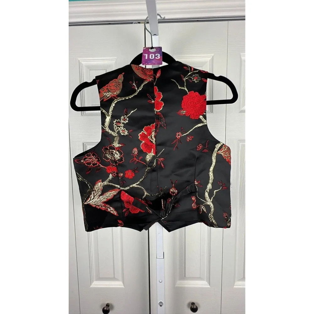 Satin‎ Floral Brocade Vest Gothic Romantic Asian Inspired Black Red XS